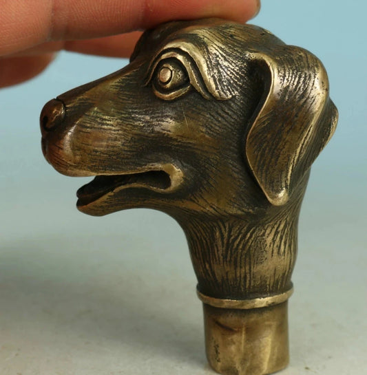 Asian Chinese Old Bronze Handmade Carved Dog Collect Statue Walking Stick Head