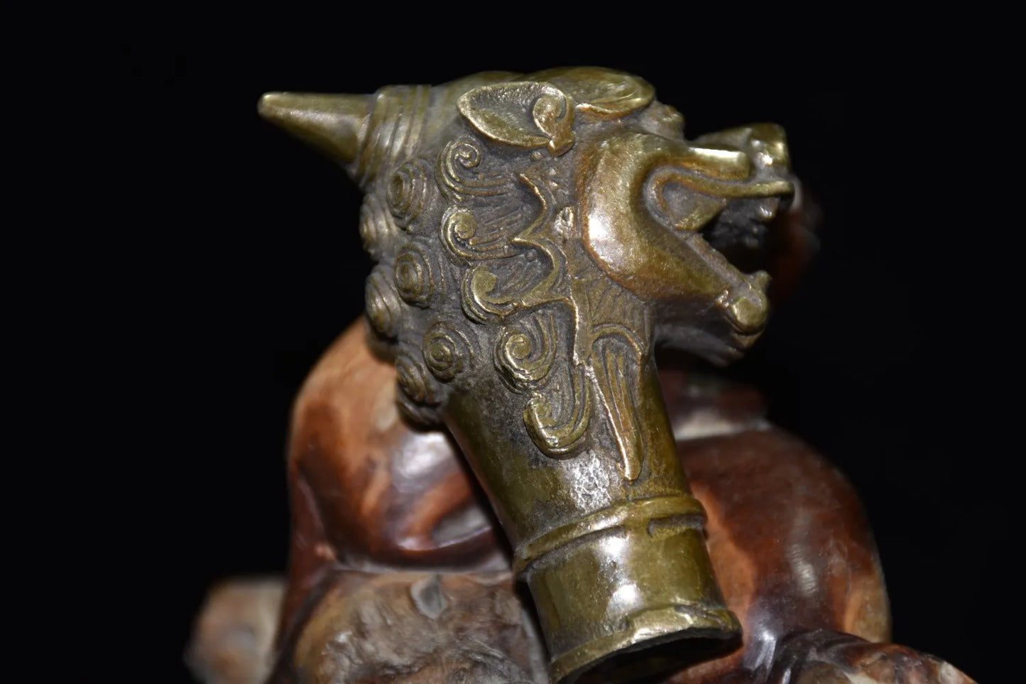Asian Chinese Old Bronze Handwork Carved Dragon Statue Walking Stick Head
