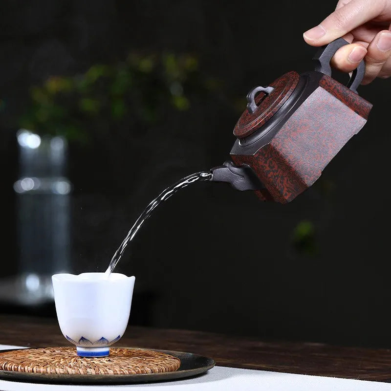Authentic Yixing Purple Clay Pot Square Pot Longzun Crude Ore Old Purple Clay Twisted Clay Teapot Chinese Products Handmade Teap