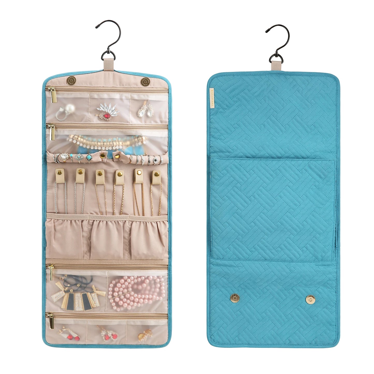 BAGSMART Travel Hanging Jewelry Organizer Case Foldable Jewelry Roll with Hanger for Journey-Rings Necklaces Bracelets Earrings