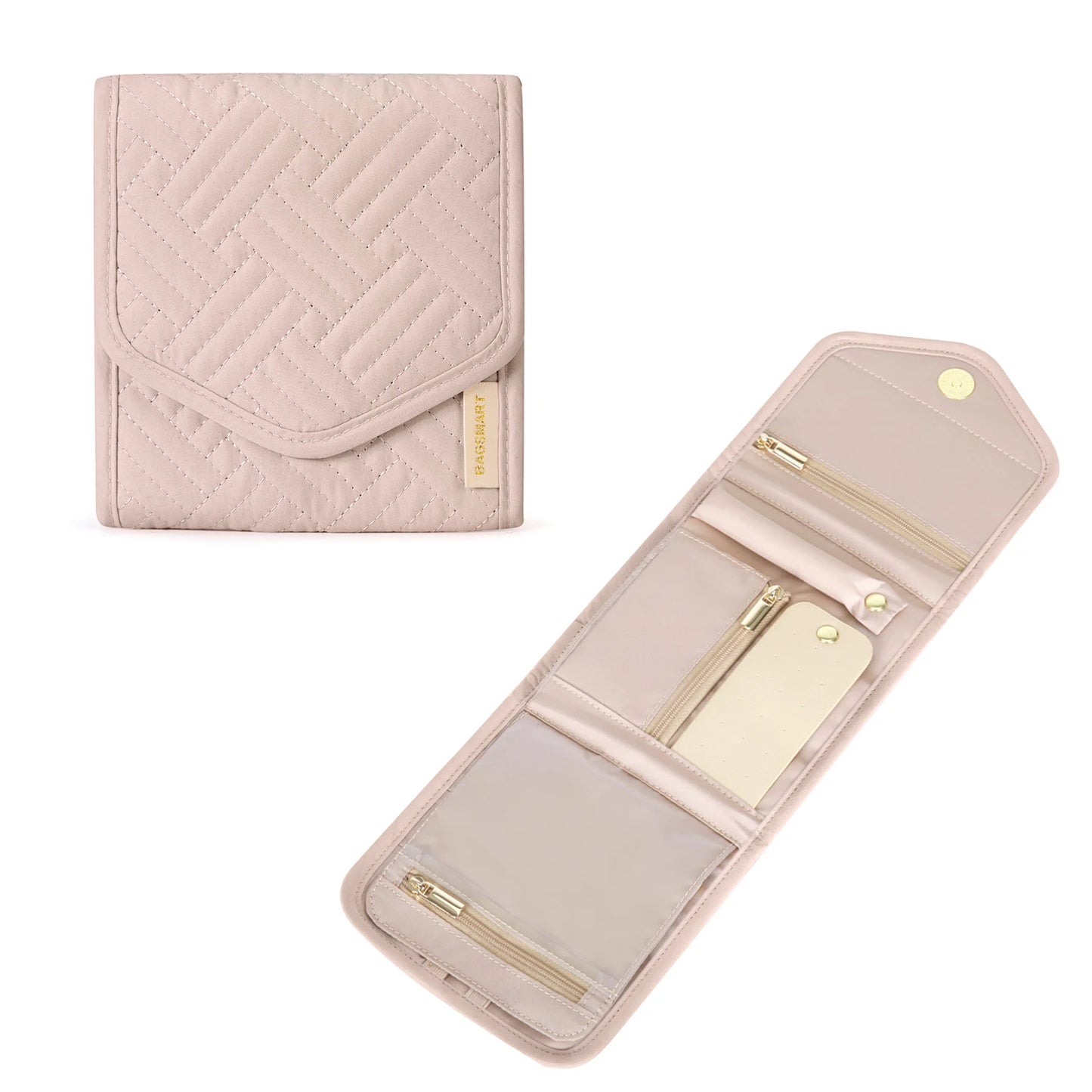 BAGSMART Women Jewelry Storage for Roll Foldable Portable Jewelry Box Travel Ring Necklace Bracelet Earrings Holder Light Pink