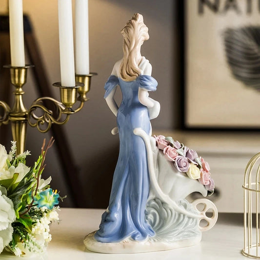 BIG 35CM EUROPEAN CERAMICS ROSE LADY ART SCULPTURE RETRO PORCELAIN GIRL FIGURE FIGURINE CHARACTER STATUE CRAFT HOME ORNAMENT