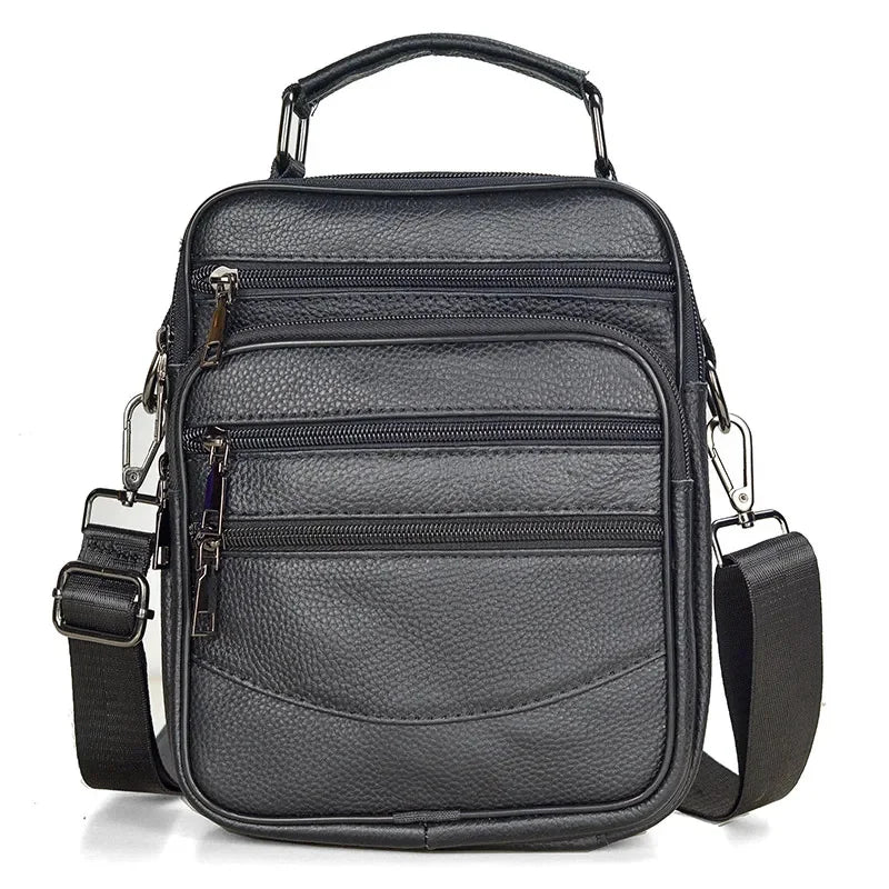 Black Double Zipper Handbags Small Men's Genuine Leather Shoulder for Tablet High Quality Messenger s Male Crossbody Bag