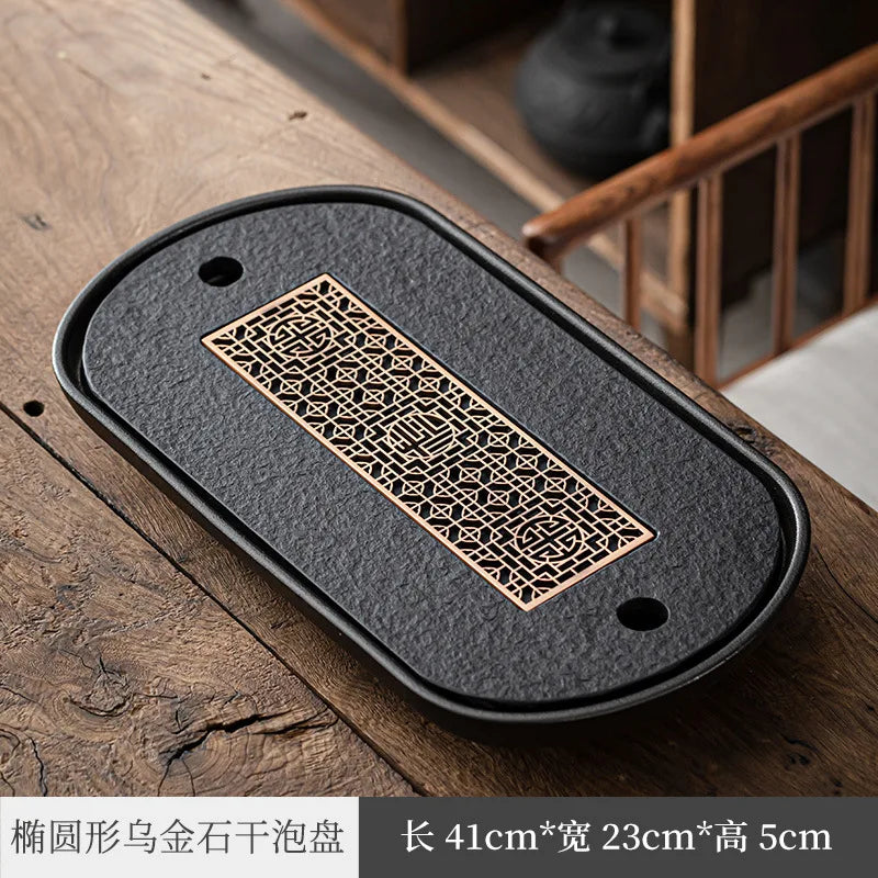Black Gold Stone Tea Tray Household Modern Simple Ceramic Integrated Water Storage and Drainage Dual-Purpose Tea Table Dry Pou