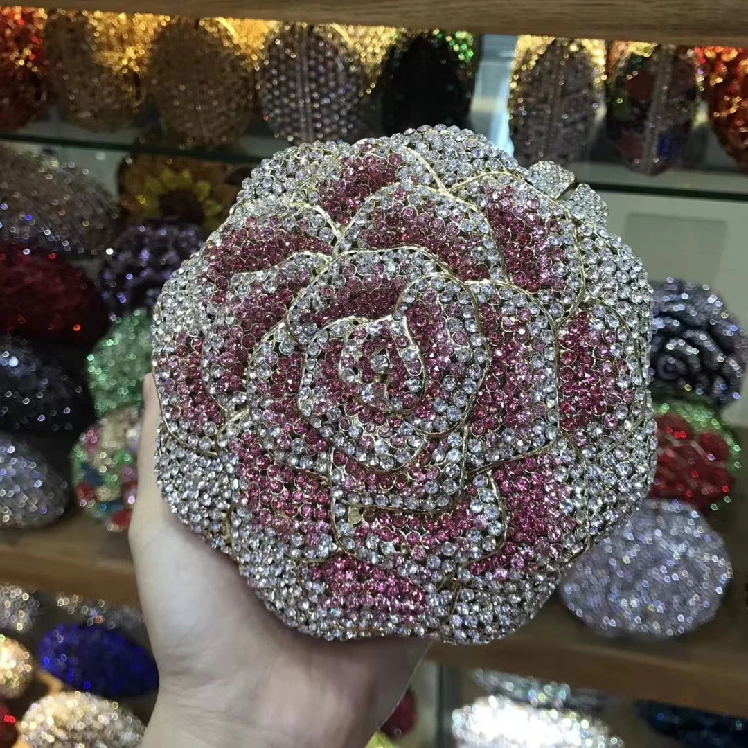 Blue Pink Red Silver Diamond Dinner Handbags Woman Flower Crystal Banquet Gala Evening Bags Wedding Party Floral Birthday Purses