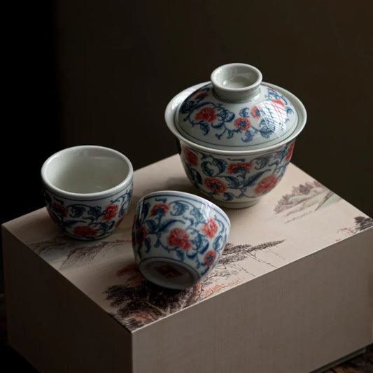 Blue and White Peony Tea Set Complete Set Zen Tea Ceremony Set Teapot and Tea Cup Bowl Set Drinkware Accessories Craft Gift Box