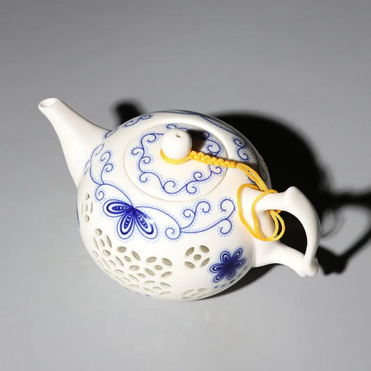 Blue and White Porcelain Teapot, Household Handhold Teapot, Filter Handmade, Exquisite Hollow Tea Set, Kungfu Ceramics