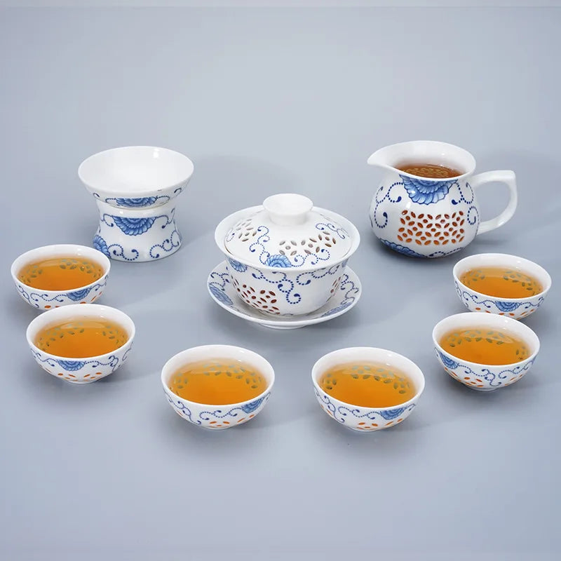 Blue-and-white exquisite tea set 1 Gaiwan 6Cups Honeycomb teapot kettles tea cup porcelain chinese kung fu tea set drinkware