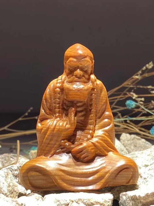 Bodhidharma Samadhi Cliff Cypress Wood Aging Material Red Oil Black Oil High-density Handle Piece Wood Carving Buddha Statue