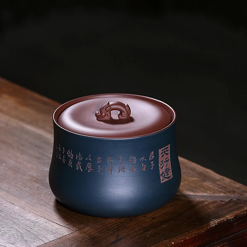 Boutique Tea Canister Traditional Craft Hand Carved Chinese Character Jar Sealed With Lid True Yixing Zisha Holder For Loose tea