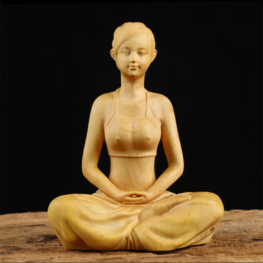 Boxwood 10cm Beauty Sculpture Wood Carving Yoga Girl Statue Feng Shui Home Decor