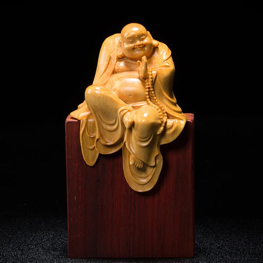 Boxwood 10cm Maitreya Sculpture Wood Carving Buddha Statue Laughing Buddha Home Decor