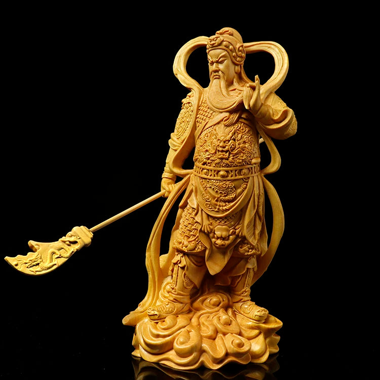 Boxwood 12cm 18cm Guan Gong Sculpture Wood Skanda Samgharama Painted Gold Buddha Statue Door God Worship Home Decor
