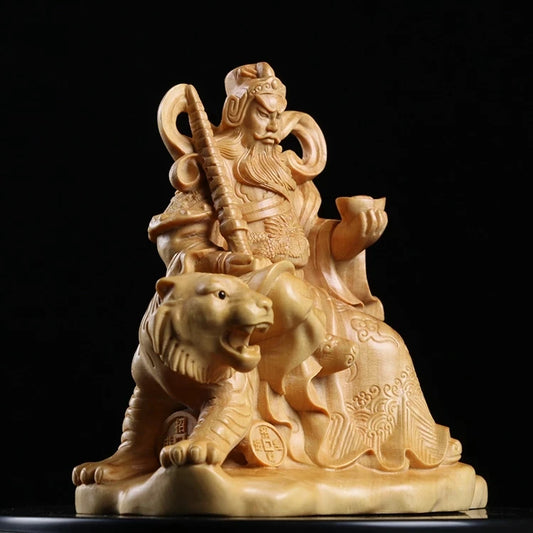 Boxwood 12cm Zhao Gongming Sculpture Wood Taoist God of Wealth Statue Lucky Home Decor