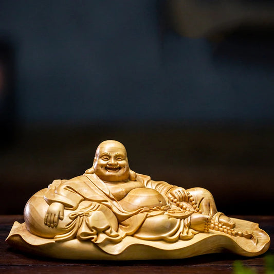 Boxwood 14cm Maitreya Sculpture Wood Carving Buddha Statues Laughing Buddha Mascot Home Decor