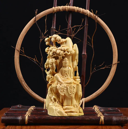 Boxwood 16cm Guanyin Sculpture Wood Carving Buddha Statue Guan Yin Home Decor