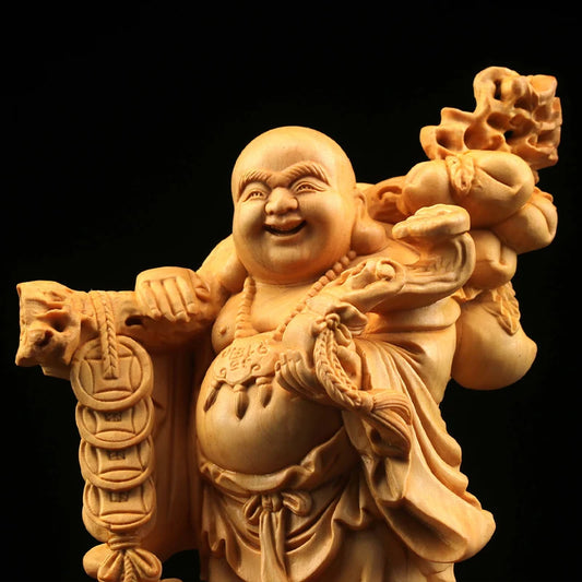 Boxwood 18.5cm Chinese traditional figure statue Maitreya Buddha office decoration home decoration crafts