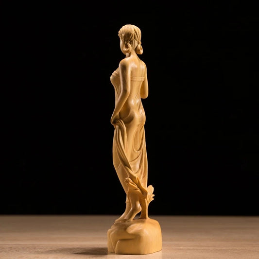Boxwood 19cm Beauty Sculpture Wood Out of The Bath Girl Statue Home Decor