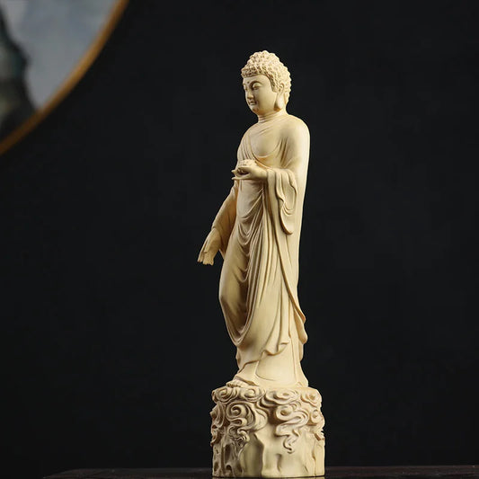 Boxwood 20cm Amitabha Buddha Sculpture Wood Carving Sakyamuni Statue Worship Home Decor