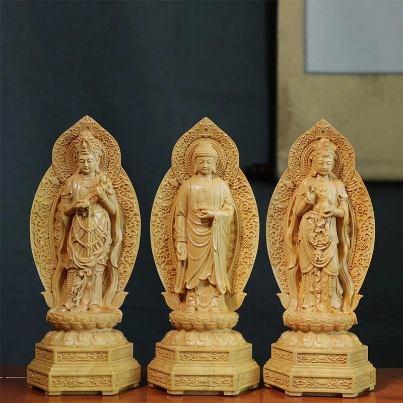 Boxwood 20cm Amitabha Guanyin Western Bodhisattva Sculpture Wood Three Buddha Statue Home Decoration