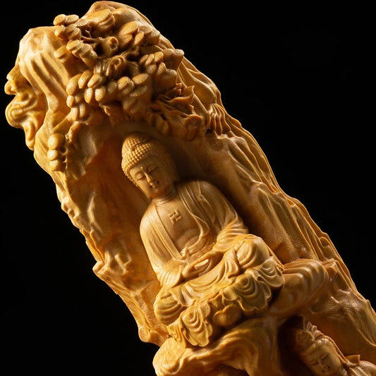 Boxwood 23CM Buddha Sculpture Western Three Saints Wood Carving Sakyamuni Buddha Statue Home Decor