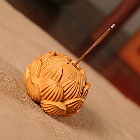 Boxwood 5cm Lotus Incense Burner Sculpture Wood Statue Feng Shui Collection Wealth Flower Lucky Home Decor