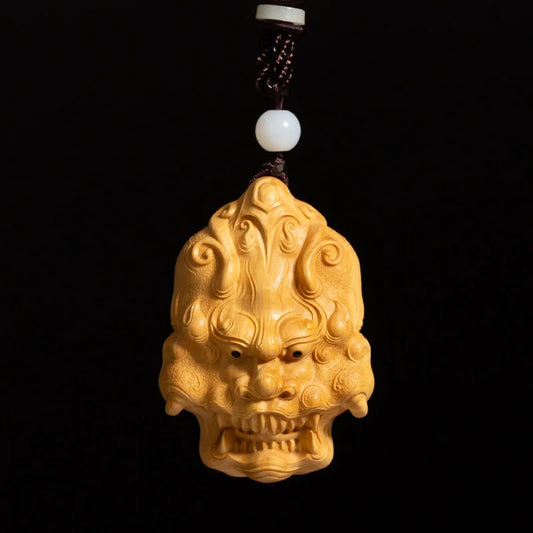 Boxwood 7CM God Mask Pendant Wealth Wood Carving Feng Shui Wood Buddha Statue Chinese Sculpture Home Decor