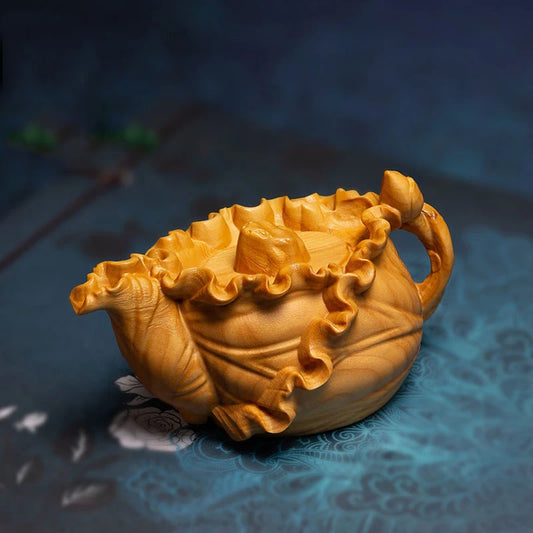 Boxwood 7cm Lotus Leaf Tea Pot Sculpture Wood Carving Vegetable Statue Lucky Home Decor