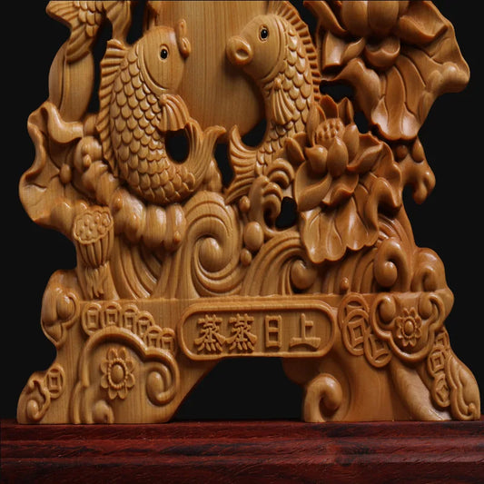 Boxwood Arowana Decor Ornaments Double-sided Hollow Auspicious Hand carved Wooden Home Living Room Office Statue
