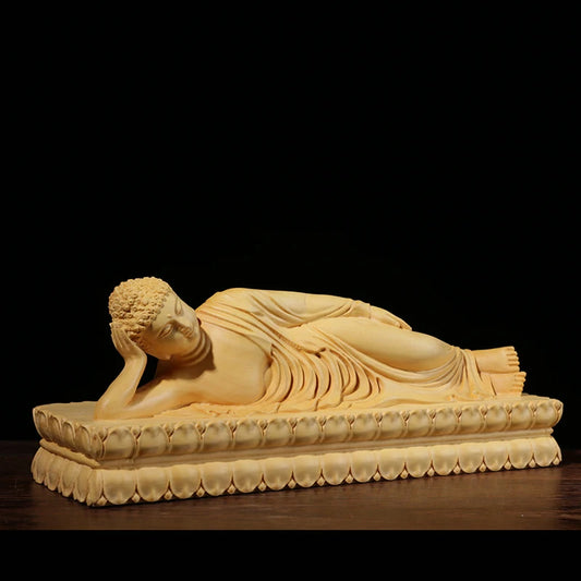 Boxwood Carving Buddha Statue Feng Shui Decoration Hall Worship Handicraft Reposing Lying Buddha Sculpture Home Decor