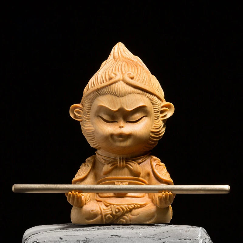 Boxwood Carving Solid Wood Statue Crafts Buddha Statue The Monkey King Cartoon Sculpture Home Decor
