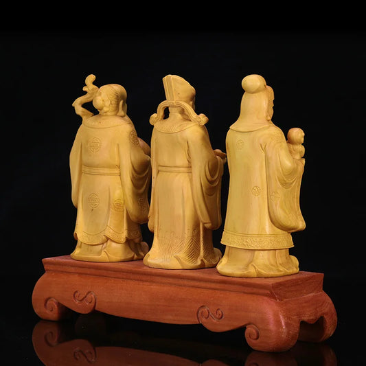 Boxwood Home Buddha Statue 20cm Fu Lu Shou Three-star Wood Carving Ornaments Birthday Gifts Retirement Gift Chinese New Year