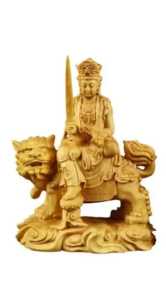 Boxwood Ornament Manjusri Samantabhadra Bodhisattva Statues Sculpture Decor Living Room Gift