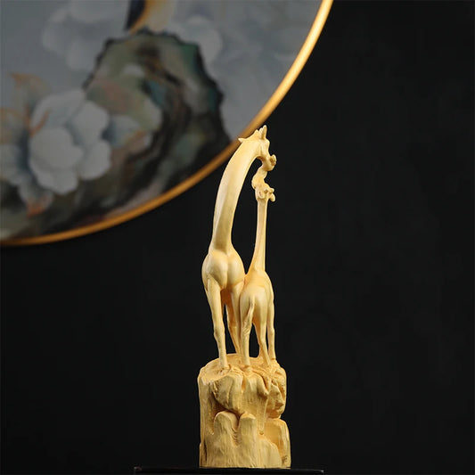 Boxwood Real Wood Real Wood Animal Sculpture Home Décor Wood Statue Collection Office Decoration Giraffe Mother and child love M