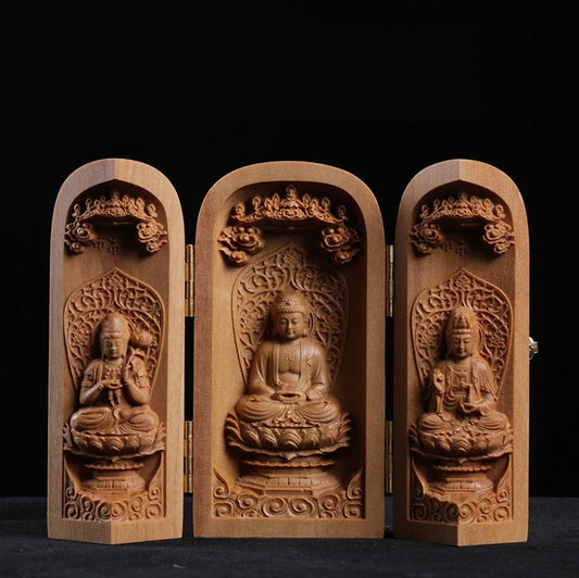 Buda Sandalwood Carving Home Feng Shui Home Decor Buddha Shrine Guanyin Statue Three Open Box Sculpture