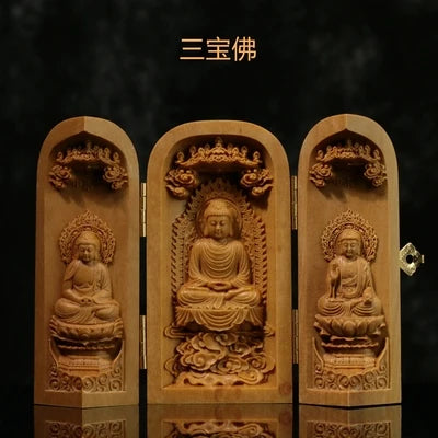 Buda Sandalwood Carving Home Feng Shui Home Decor Buddha Shrine Guanyin Statue Three Open Box Sculpture
