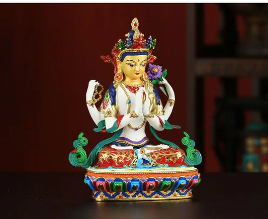 Buddhism high grade good Nepal Color drawing Four arm Guanyin Buddha copper buddha statue HOME Temple efficacious Protection