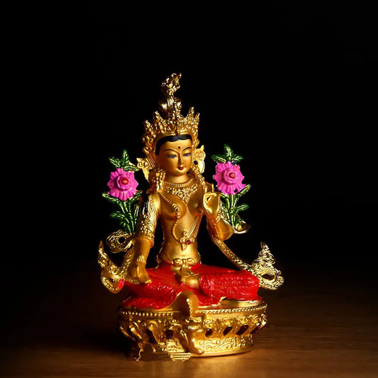 Buddhist Alloy Metal Exquisite Colored Efficacious Tibetan Bodhisattva Green Tara Buddha Gilding Statue Putting Decorations