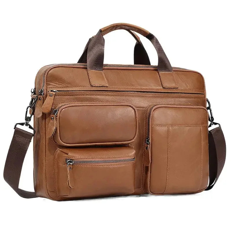 Business Genuine Men's Briefcase Cow Leather Handbag Large Capacity Shoulder Messenger Fashion 15.6 "Inch Laptop Bag