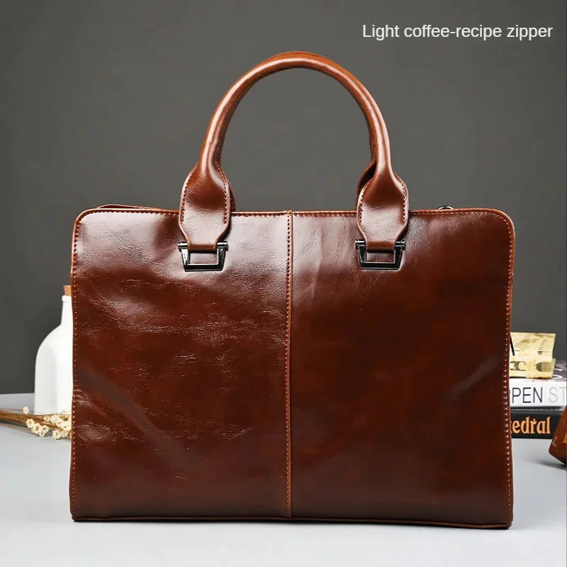 Business Leather Men's Handbag Retro Large Capacity Briefcase Male Shoulder Daily Totes 15 Inch Laptop Bag