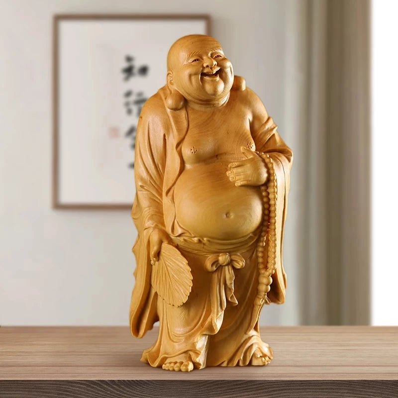 CCZHIDAO Happy Buddha Budai 12 / 18CM Wooden Statues Laughing God With Buddhist Fan Maitreya Solid Monk Chinese Boxwood Sculptur
