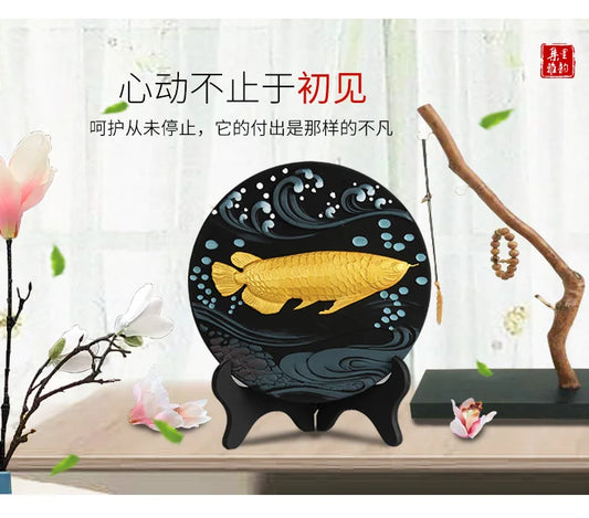 CHINA Foreign Business Gifts HOME OFFICE Company Talisman Auspicious Lucky Arowana Golden Fish Ornament Wood carving statue