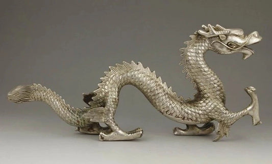 CHINESE OLD BIG WHITE COPPER HANDWORK CARVING DRAGON STATUE