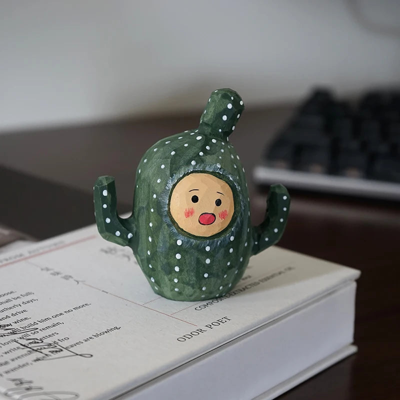 Cactus doll handmade wooden carving small ornaments, cute wooden carving,healing series cartoon desk decoration,home accessories