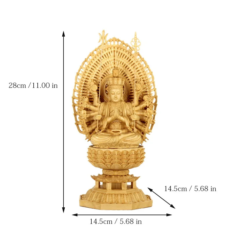 Carved Buddha Statue Thousand Arms Guanyin Statue Solid Goddess Wood Feng Shui Statues Wooden Statue for Decorations 28CM
