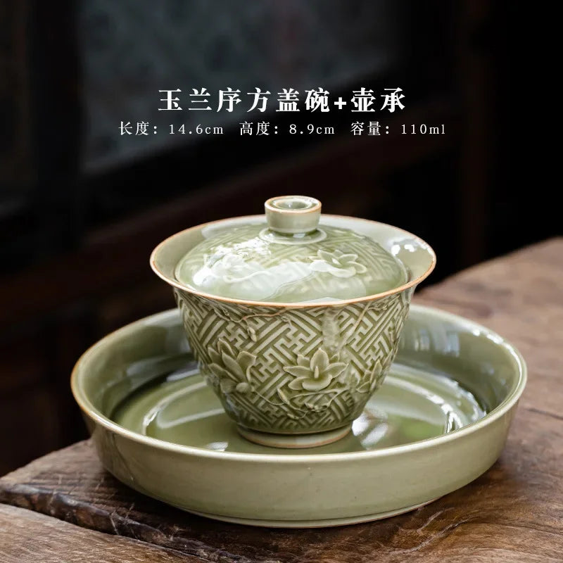Carved Orchid Tea Tureen Retro Plant Ash Ceramic Gaiwan Set Kung Fu Tea Cups Bowl Small Anti-scalding DrinkingTea Bowl Household
