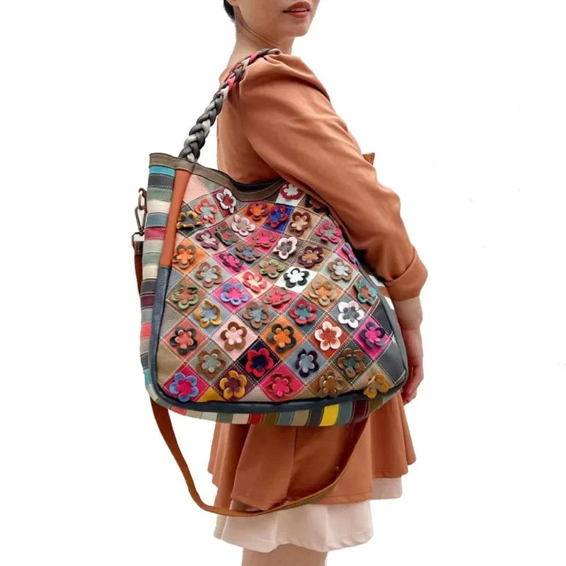Casual All-match Retro Handbags Large Capacity Genuine Leather Argyle Pacthwork Floral Crossbody Shoulder Bag Practical Purses