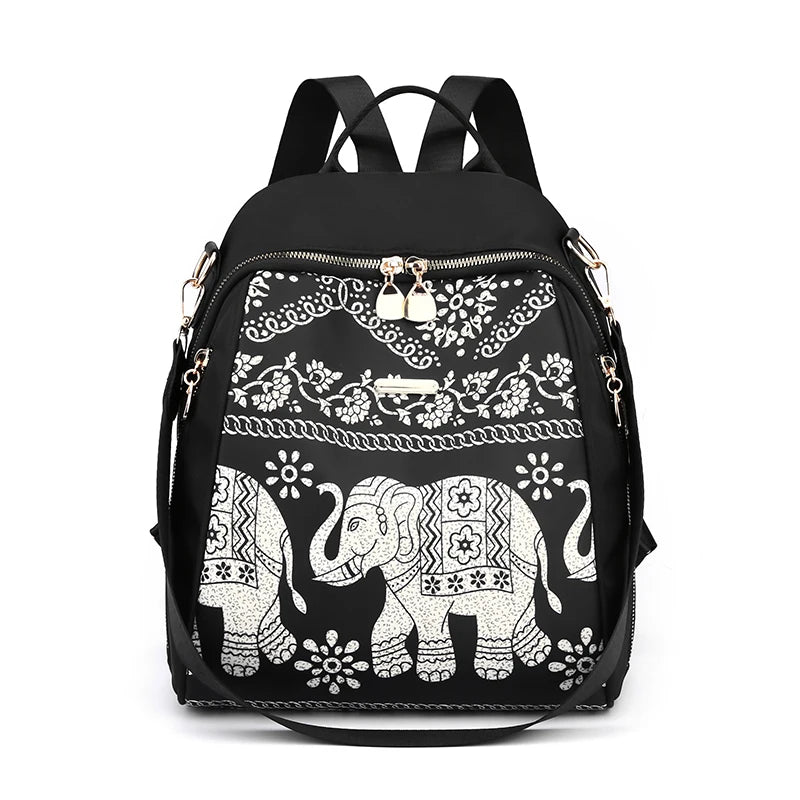 Casual Multifunctional Anti-Theft Women's Backpack Fashion Nylon Elephant Tree Printed Large Capacity Travel Shoulder Bag Sac