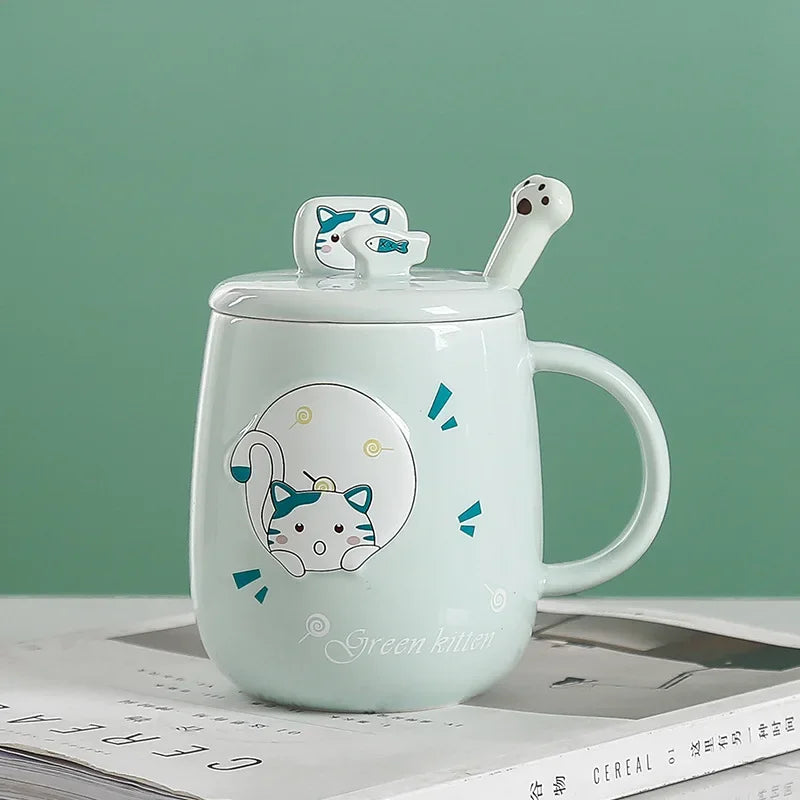 Cat Mug With Lid Spoon Ceramic Cup Cup of Coffee Cups Original Mugs Cups for Coffee and Tea New Year Mugs Drinkware Beautiful