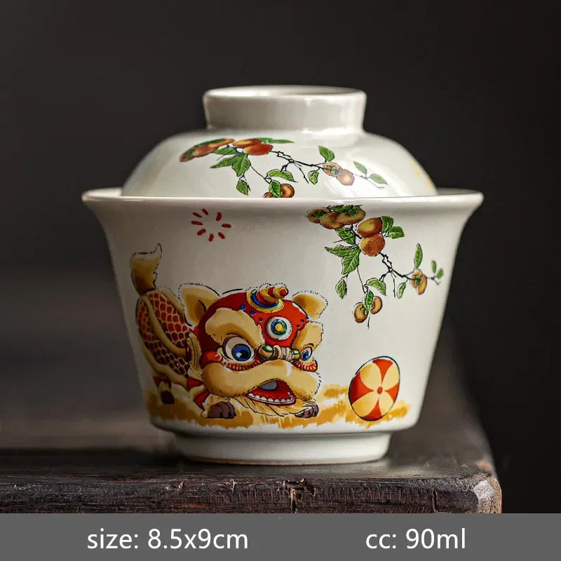 Ceramic Handmade Gaiwan Creative Color Painting Lion Tea Tureen Portable Office Tea Bowl with Cover Teacup Chinese Tea Set